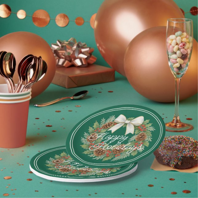 Classy December Wreath With White Bow Holiday Paper Plate (Multi)