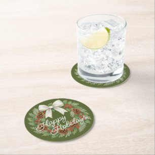 Classy December Wreath With White Bow Holiday Round Paper Coaster