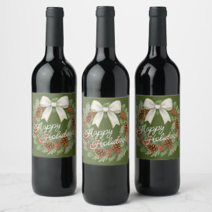 Classy December Wreath With White Bow Holiday Wine Label