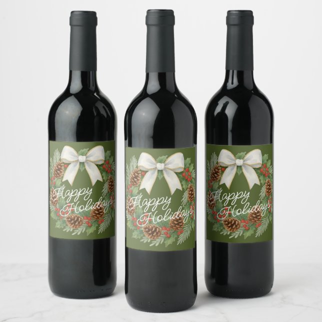 Classy December Wreath With White Bow Holiday Wine Label (Bottles)