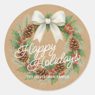 Classy December Wreath With White Bow Watercolor Classic Round Sticker