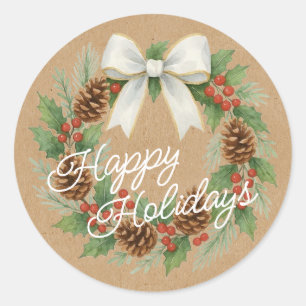 Classy December Wreath With White Bow Watercolor Classic Round Sticker