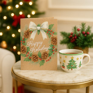 Classy December Wreath With White Bow Watercolor Holiday Card