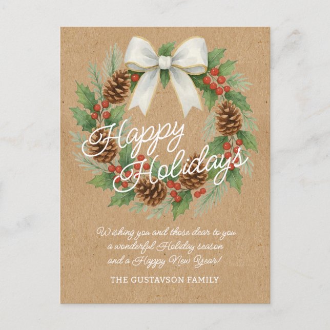 Classy December Wreath With White Bow Watercolor Holiday Postcard (Front)