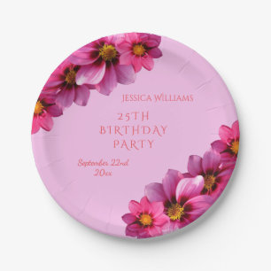 Classy Decorative Corner Dahlias 25th Birthday Paper Plate