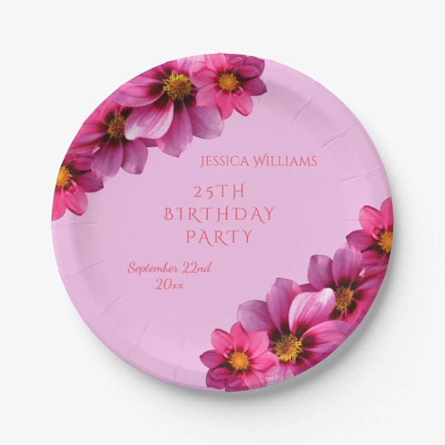 Classy Decorative Corner Dahlias 25th Birthday Paper Plate (Front)