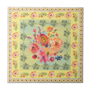 Classy decorative dusty watercolor floral Yellow Tile