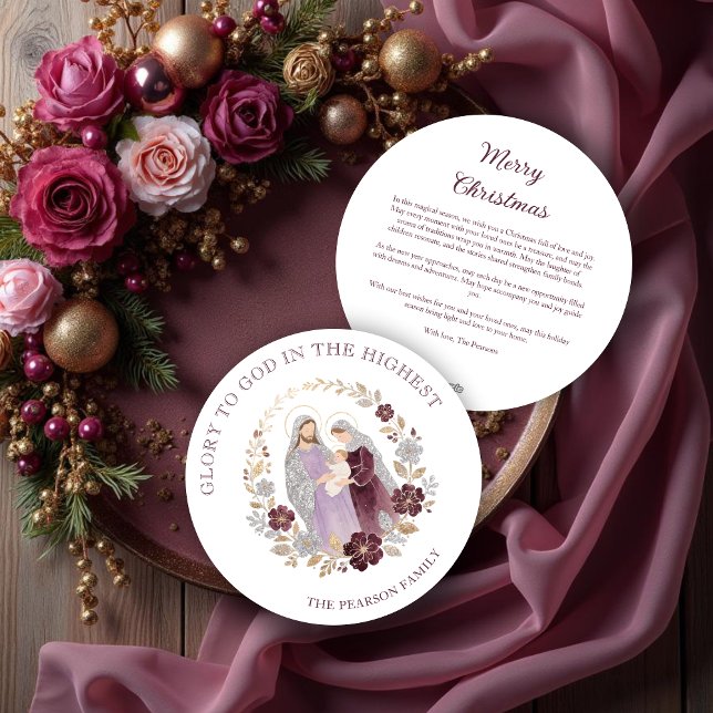 Classy Deep Plum Glitter Holy Nativity Christmas Holiday Card (Classy Deep Plum Glitter Shades Holy Family Nativity Holiday Cards.)
