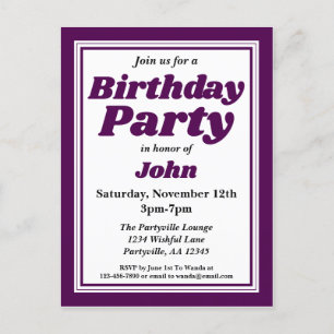 Classy Deep Purple Adult Birthday Party Invitation Postcard