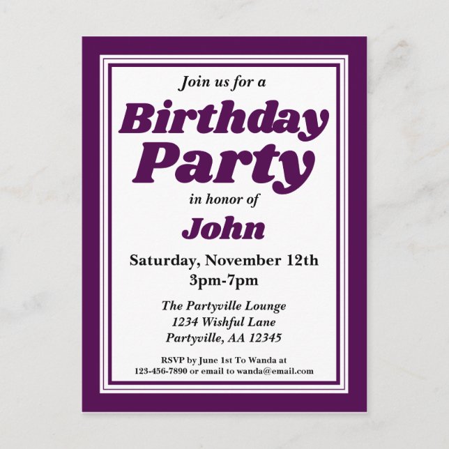 Classy Deep Purple Adult Birthday Party Invitation Postcard (Front)
