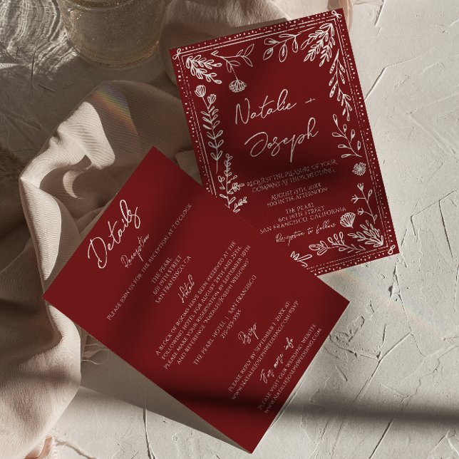 Classy Deep Red Blue Floral All In One Wedding Invitation (Creator Uploaded)