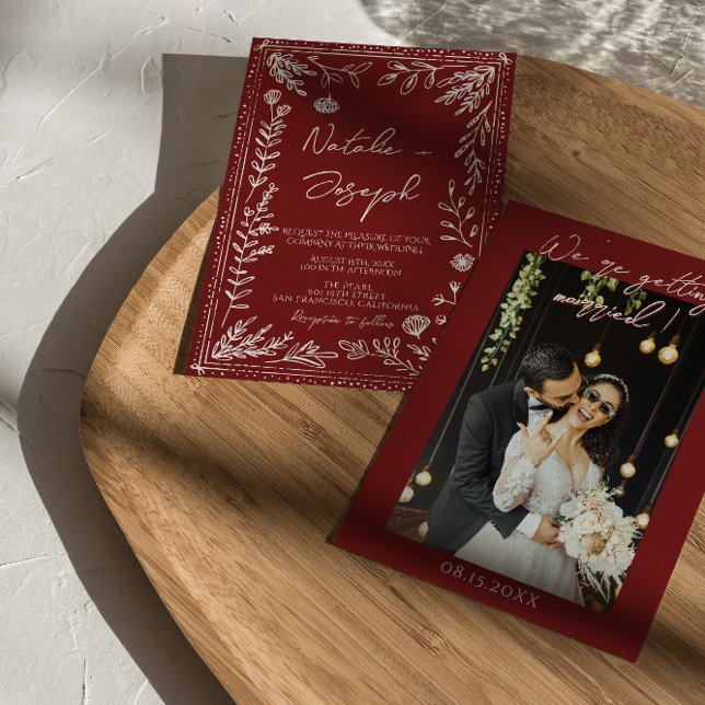 Classy Deep Red Blue Floral Modern Photo Wedding  Invitation (Creator Uploaded)