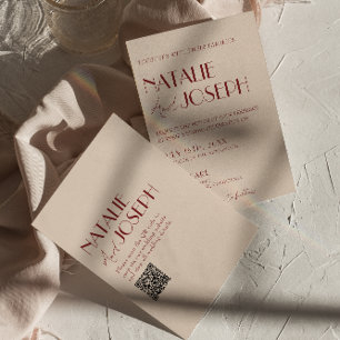 Classy Deep Red Blue QR Code Modern Wedding Invitation