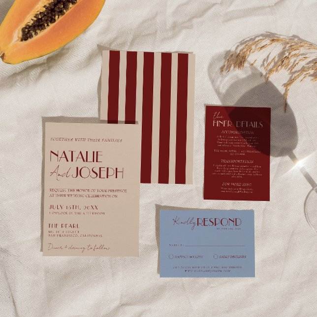 Classy Deep Red Blue Whimsical Modern Wedding Invitation (Creator Uploaded)