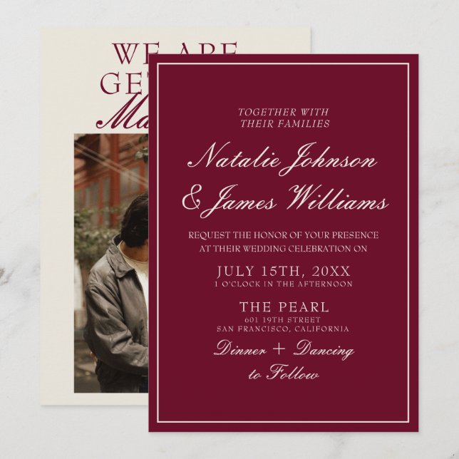 Classy Deep Red Old Money Photo Wedding Invitation (Front/Back)