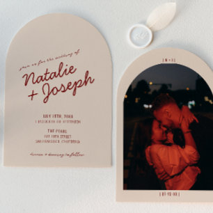 Classy Deep Red Whimsical Photo Arched Wedding Invitation