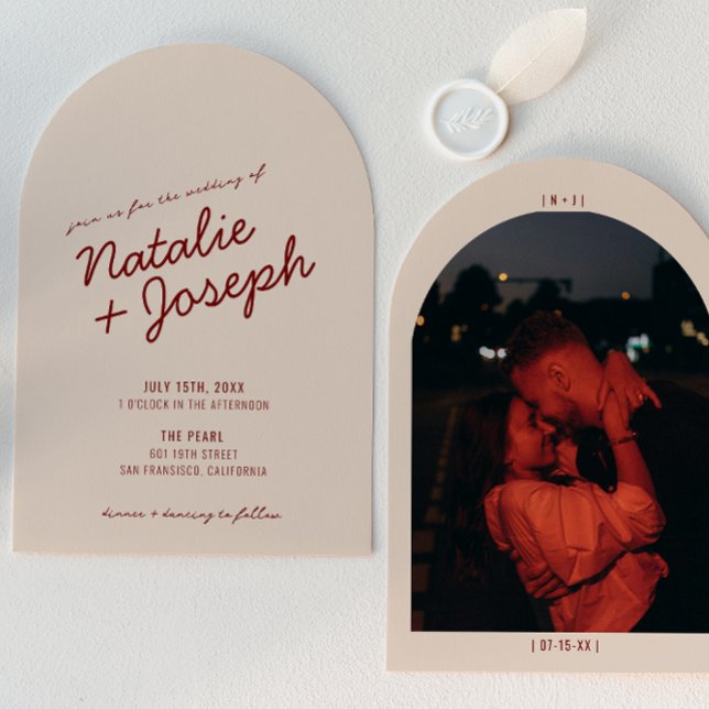 Classy Deep Red Whimsical Photo Arched Wedding Invitation (Creator Uploaded)