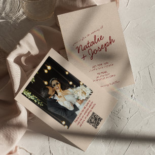 Classy Deep Red Whimsical QR Code Photo Wedding Invitation
