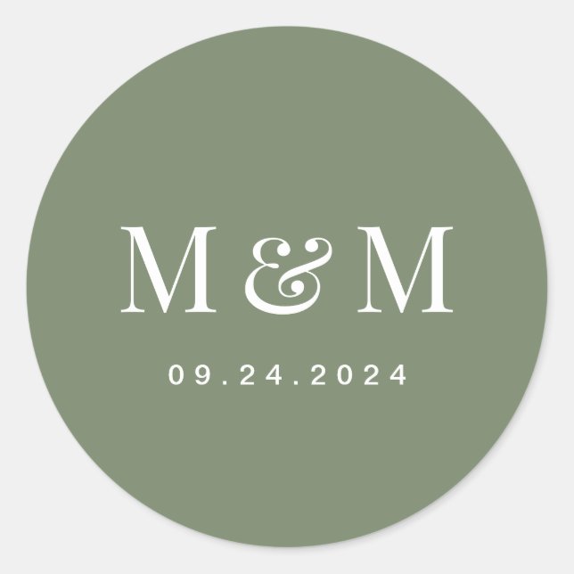 Classy Deep Sage Green Monogram Typography Wedding Classic Round Sticker (Front)