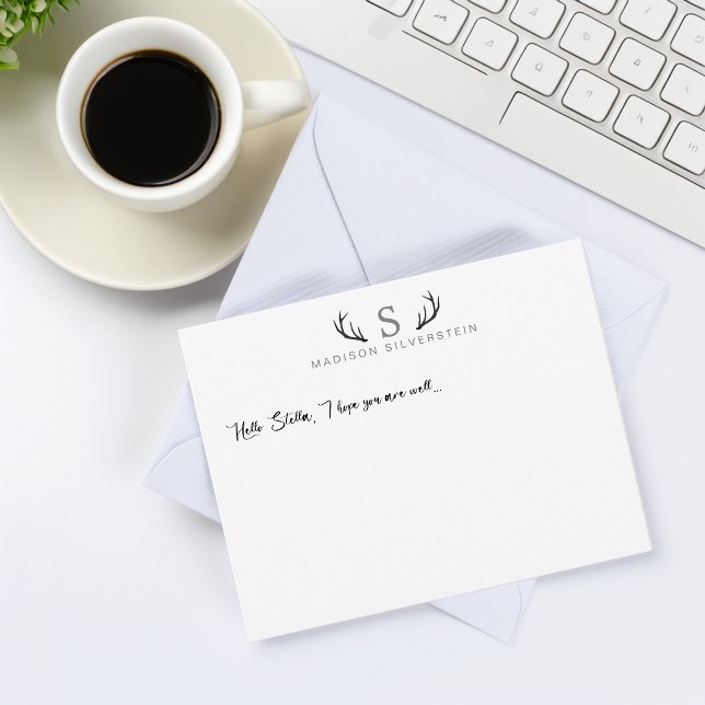 Classy Deer Antlers Grey Monogram Card (Classy Deer Antlers Gray Monogram Note Card)