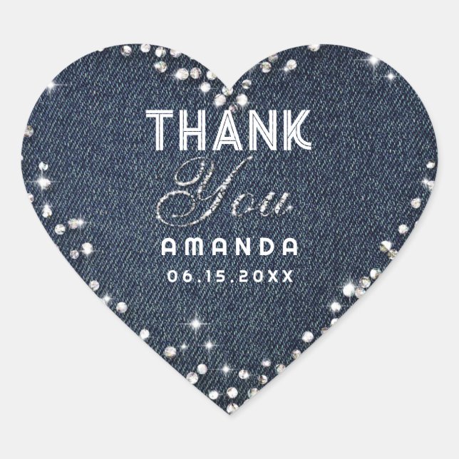 Classy Denim Diamonds Glitter Rhinestone Thank You Heart Sticker (Front)