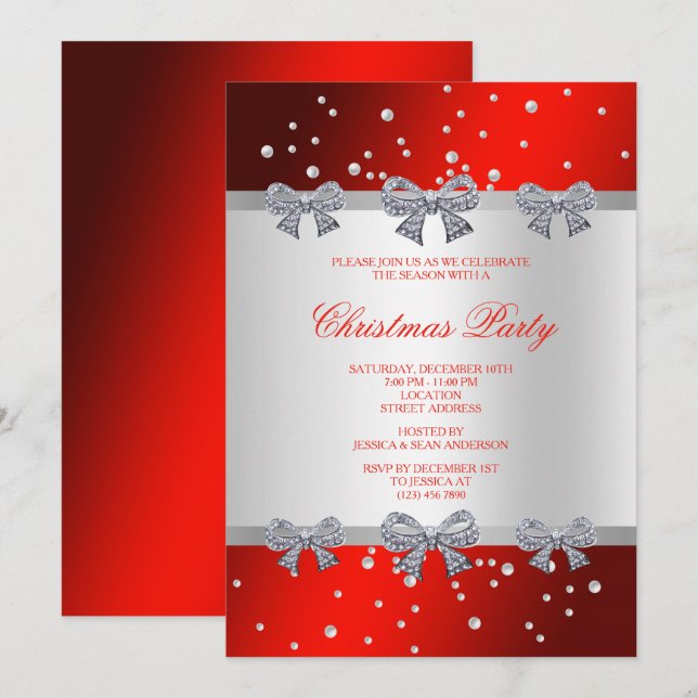 Classy Diamond Bows & Pearls Christmas Invitation (Front/Back)