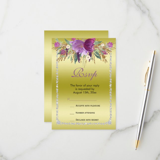 Classy Diamond Glitter Watercolor Flowers Birthday RSVP Card (Front/Back In Situ)