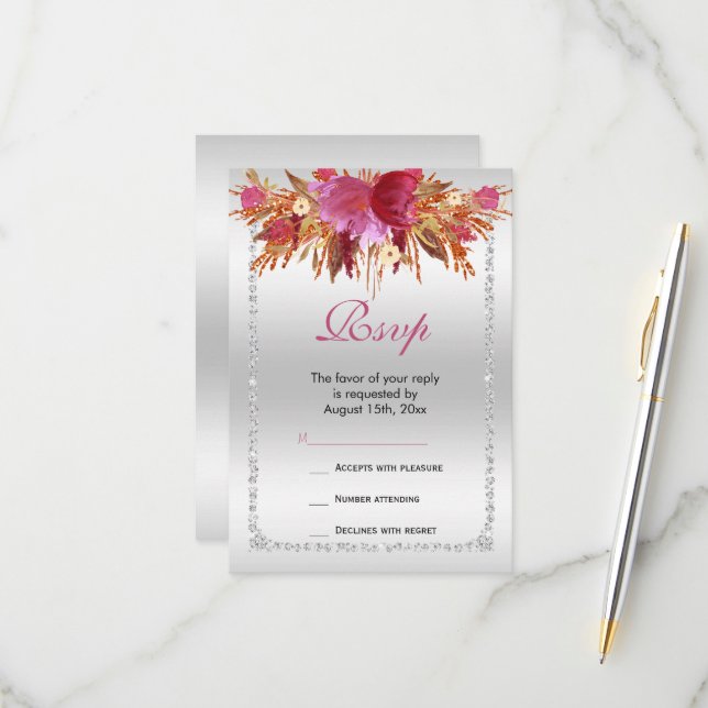Classy Diamond Glitter Watercolor Flowers Birthday RSVP Card (Front/Back In Situ)