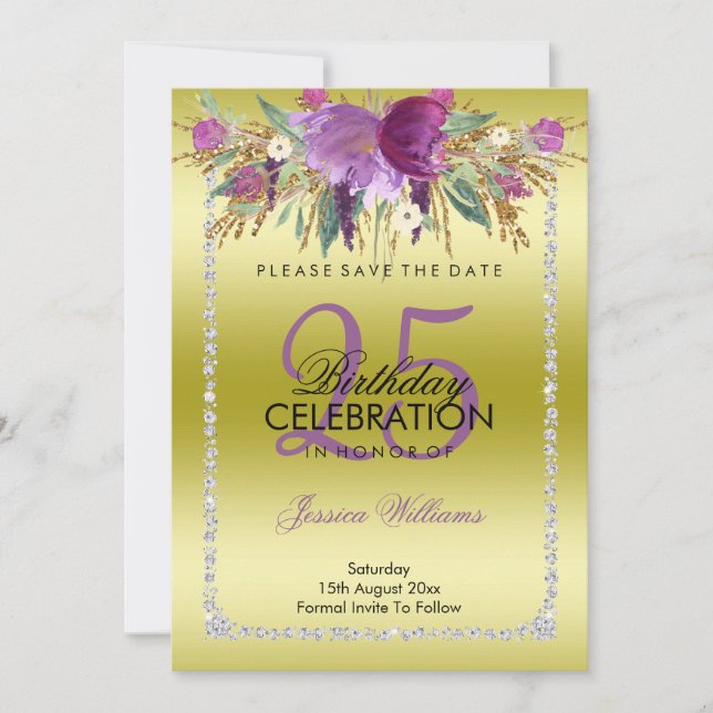 Classy Diamond Glitter Watercolor Flowers Birthday Save The Date (Front)