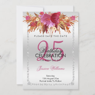 Classy Diamond Glitter Watercolor Flowers Birthday Save The Date
