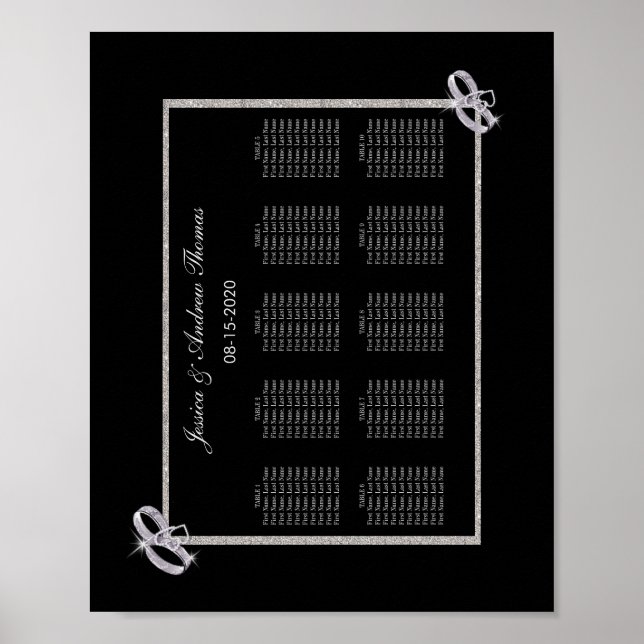 Classy Diamond Silver Wedding Rings Seating Chart (Front)