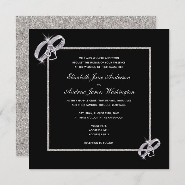 Classy Diamond Silver Wedding Rings Wedding Invitation (Front/Back)