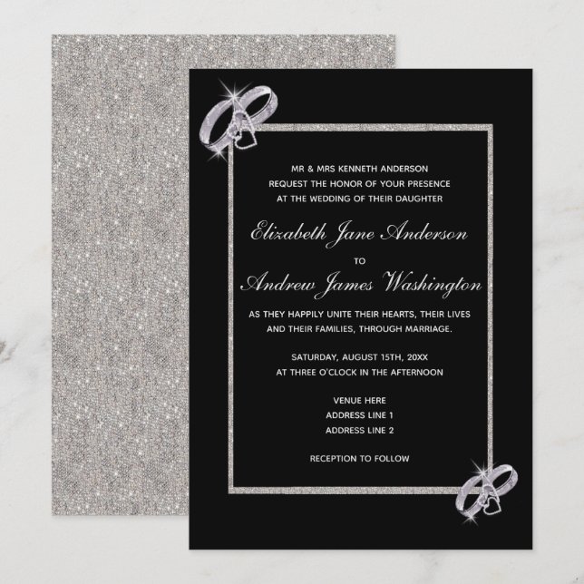 Classy Diamond Silver Wedding Rings Wedding Invitation (Front/Back)