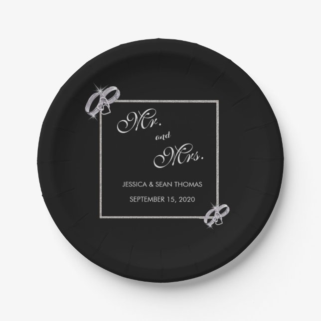 Classy Diamond Silver Wedding Rings Wedding Paper Plate (Front)