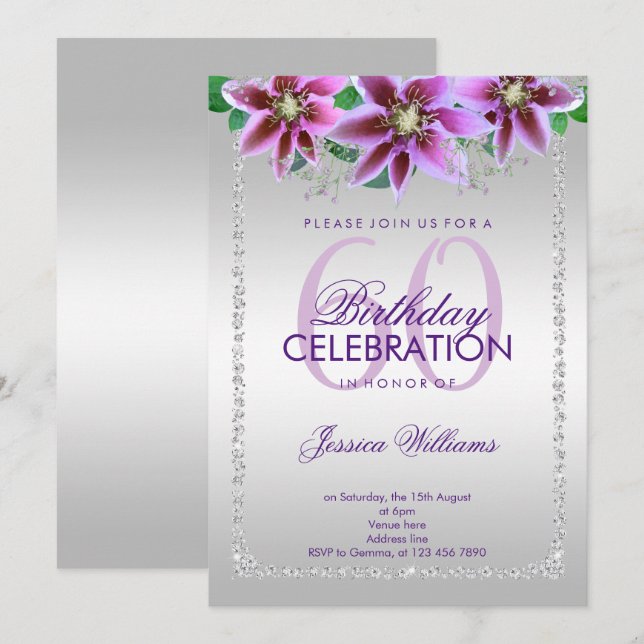 Classy Diamonds & Flowers 60th Birthday Invitation (Front/Back)