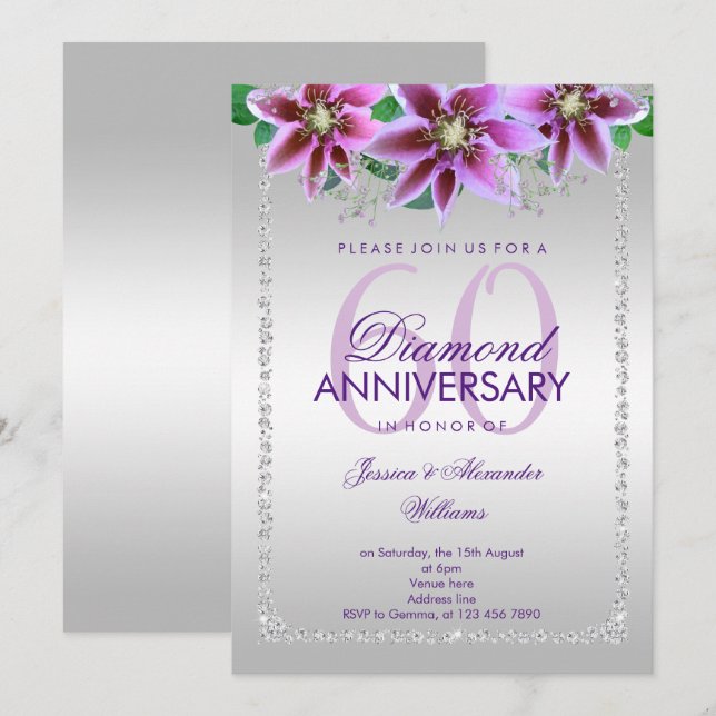 Classy Diamonds & Flowers 60th Wedding Anniversary Invitation (Front/Back)