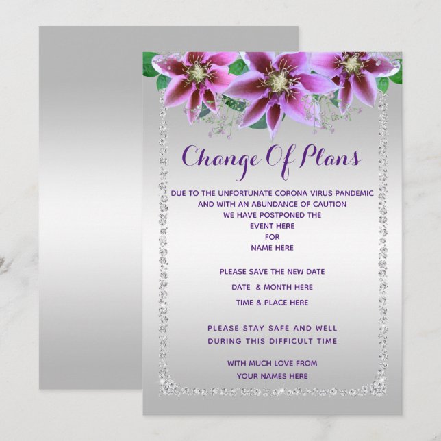 Classy Diamonds & Flowers Change Of Plans Invitation (Front/Back)