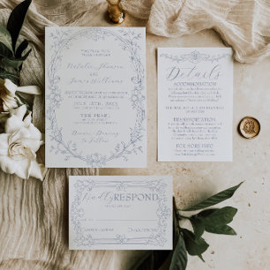 Classy Dusty Blue Boho Floral Old Money Wedding Invitation