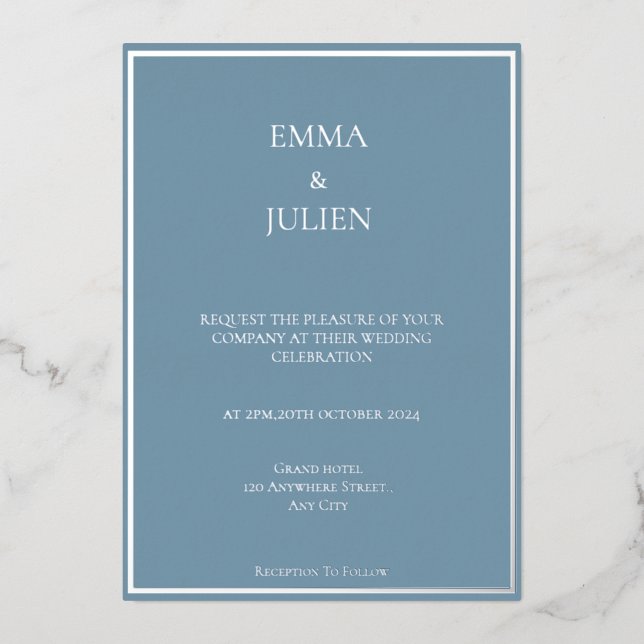 Classy Dusty Blue foil Invitation (Front)
