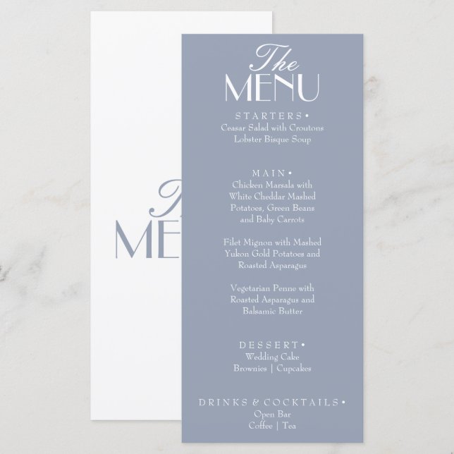 Classy Dusty Blue Old Money Retro Wedding Menu (Front/Back)