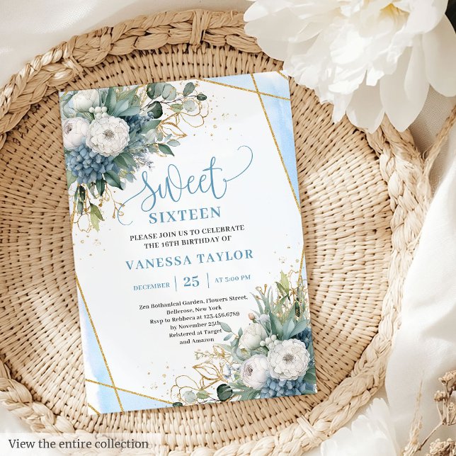 Classy Dusty Blue White Peonies Sweet 16 Invites (Classy Dusty Blue White Peonies Sweet 16 Invitation)