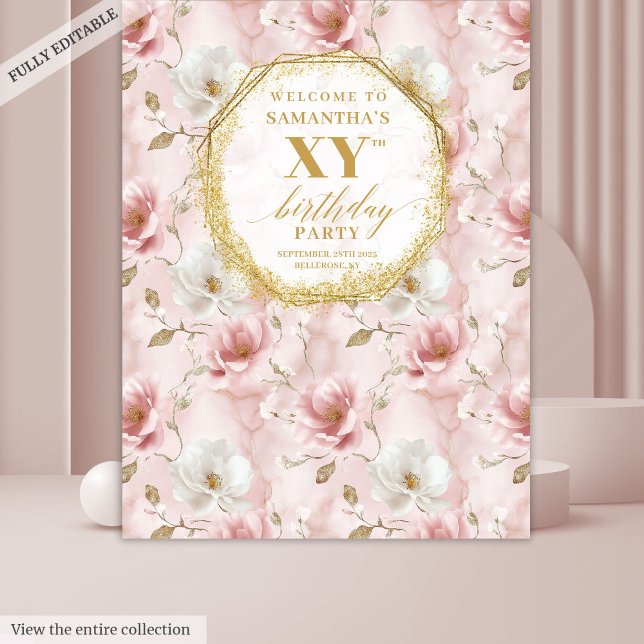 Classy dusty pink floral birthday party backdrop tapestry (Classy dusty pink floral birthday party backdrop)
