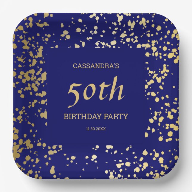 Classy Egypt Gold Sprinkles Navy Blue Birthday Paper Plate (Front)