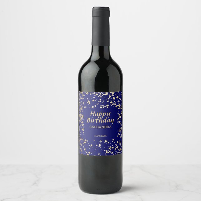 Classy Egypt Gold Sprinkles Navy Blue Birthday Wine Label (Front)