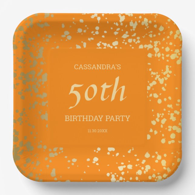Classy Egypt Gold Sprinkles Orange Birthday Paper Plate (Front)