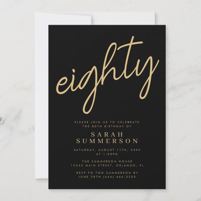 Classy Eighty Black Gold 80th Birthday Invitation (Front)