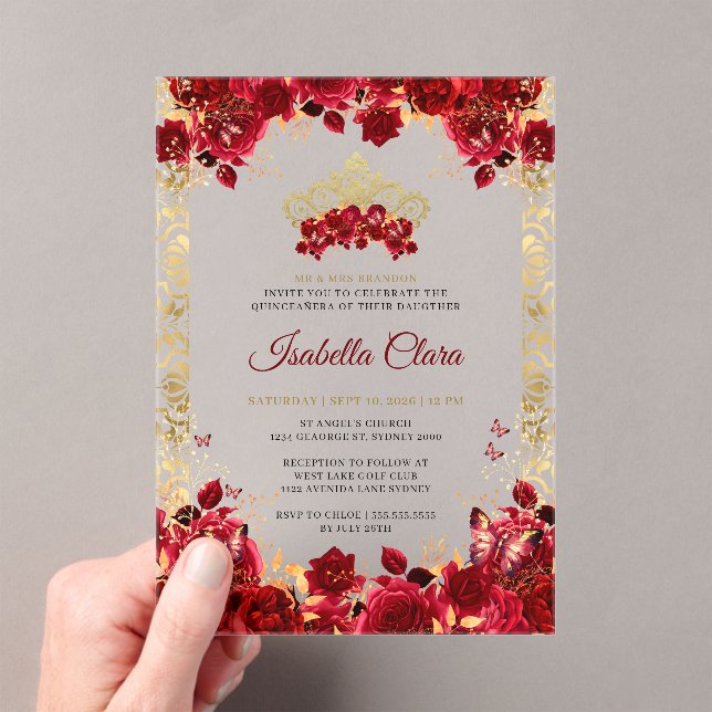 Classy Elegance Floral Gold Arch Quinceanera Acrylic Invitations (Insitu (Handheld))