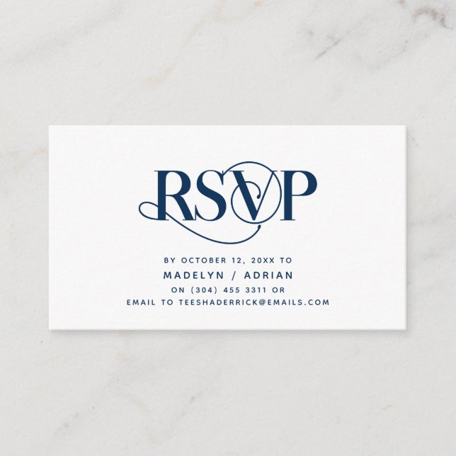 Classy Elegance, Navy Blue Script, RSVP respond Enclosure Card (Front)