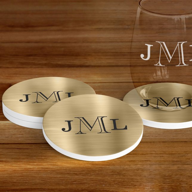 Classy Elegant 3 Letters Monogram Brushed Gold Coaster (Creator Uploaded)