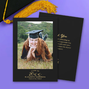Classy Elegant Black Gold Script Graduation Photo Thank You Card
